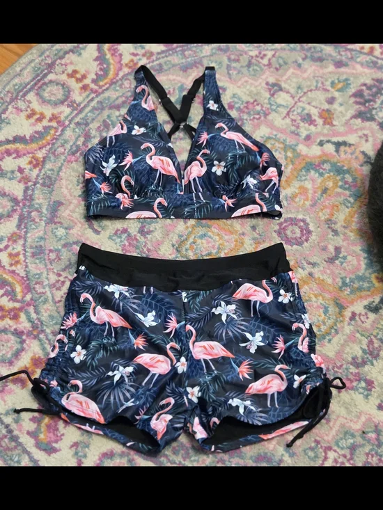Flamingo Print Swim Top & Shorts Set - Navy with Pink Flamingos - Picture 1 of 2